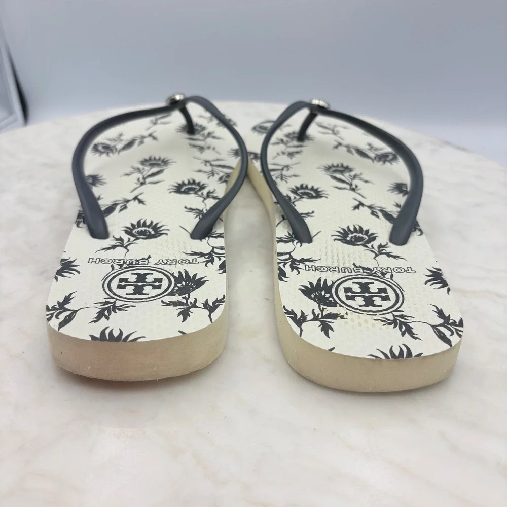 Tory Burch Flip Flops Women Size‎ 9 Navy Blue Floral Logo Sandals Resort Beach